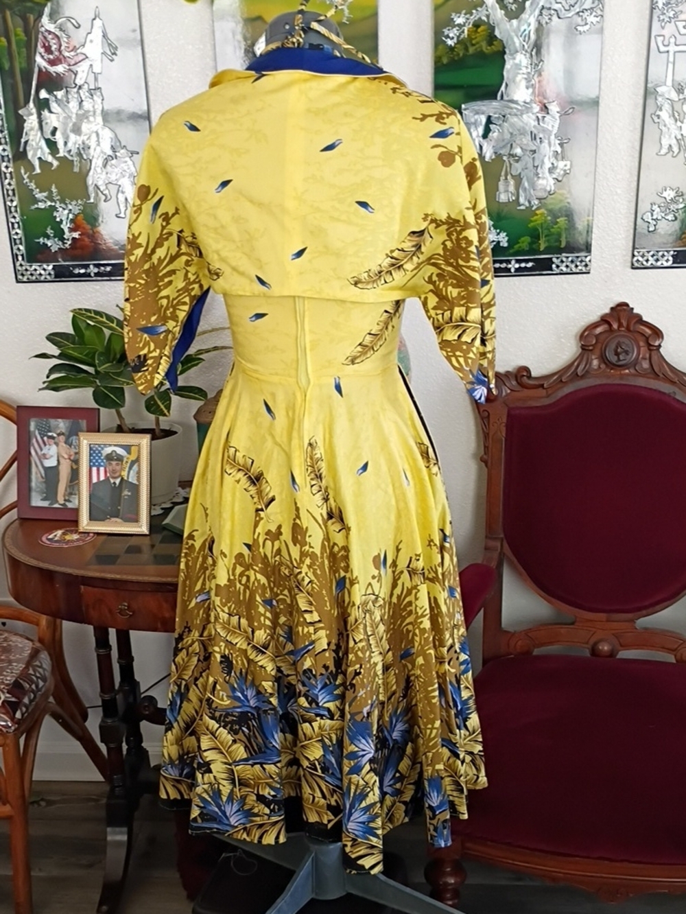 Deadly James Hawaiian Tiki Pin-up Dress Yellow And Blue Cotton Size Small - Picture 5 of 6